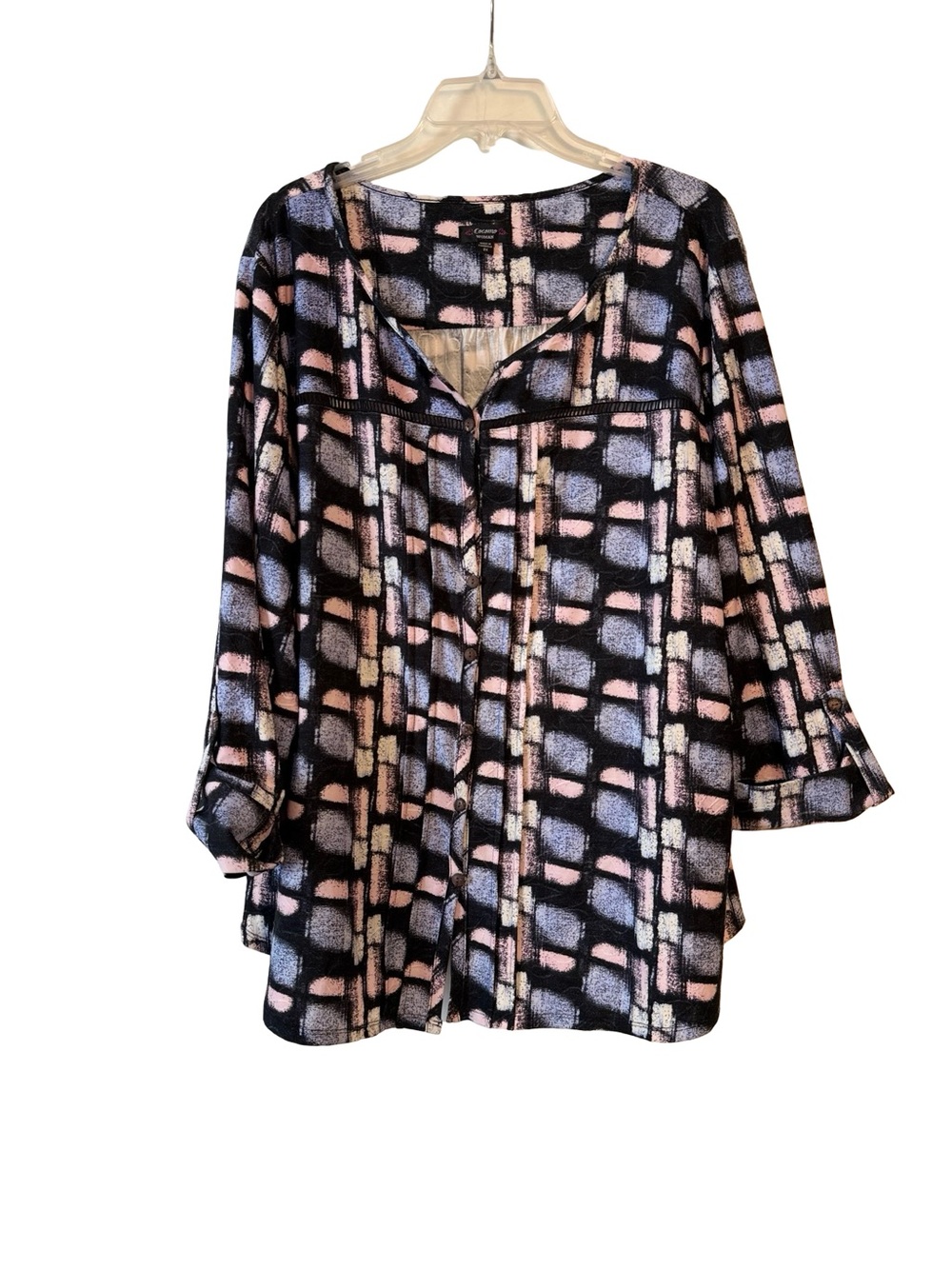Cocomo Woman Abstract Grid Print Top in Black, Pink & Blue